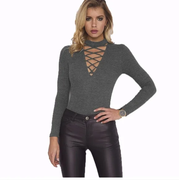 Gray Longsleeved Choker Neckline Caged Bodysuit New Mix S-M - Picture 1 of 9